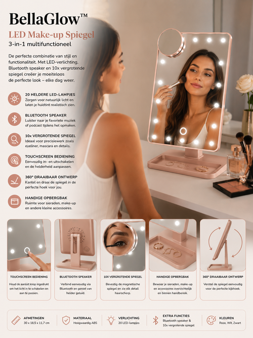 Luxe Touchscreen Make-upspiegel met LED & Bluetooth